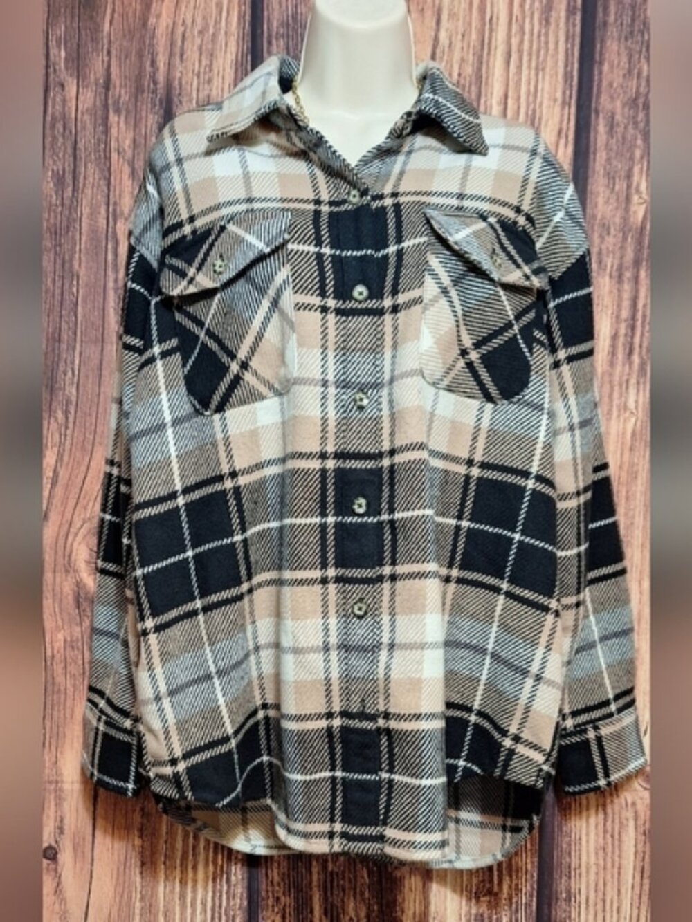 Natural Reflections Plaid Button Down Shirt - Black and Tan